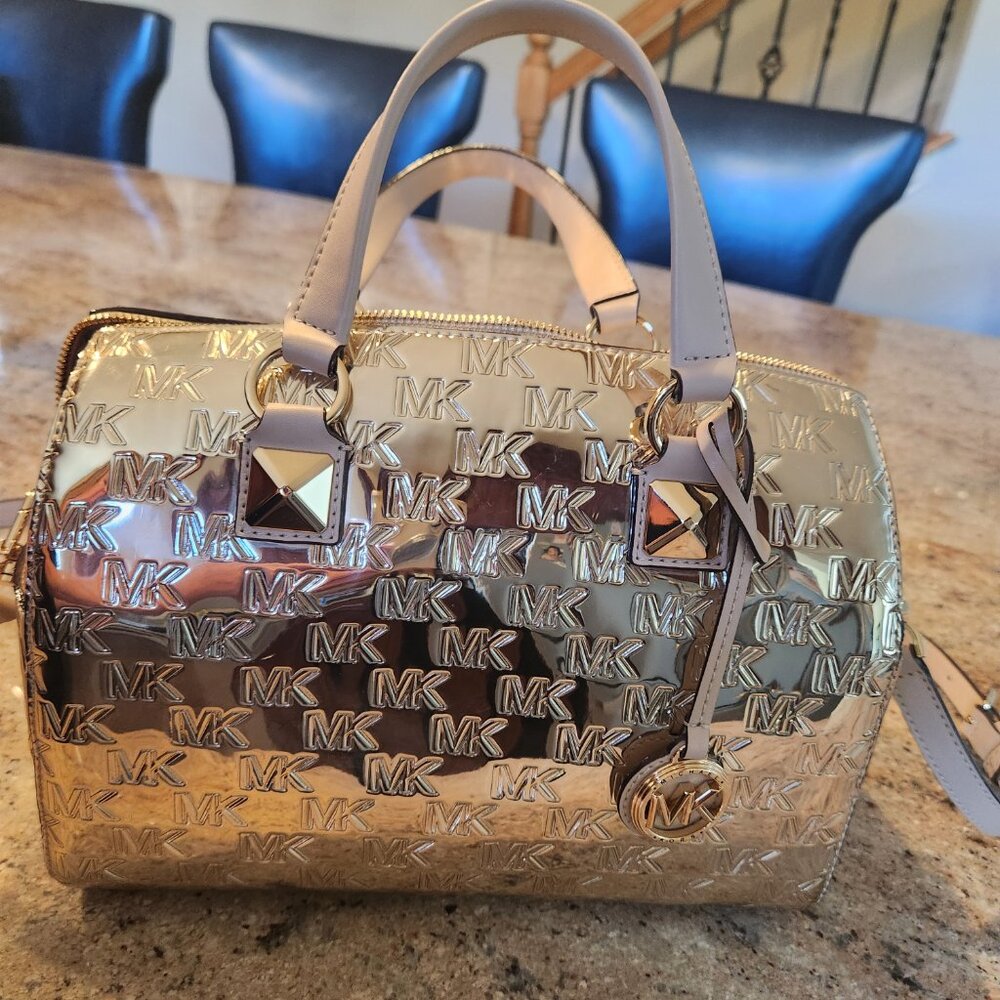 Michael Kors Gold Embossed MK Gold Metallic-Finish Grayson Satchel